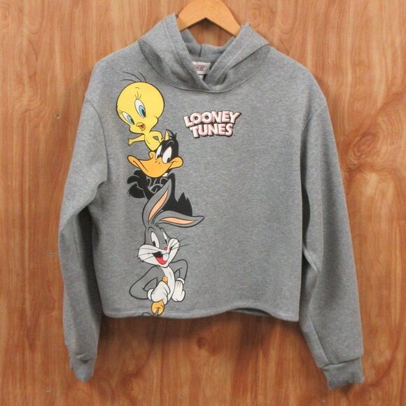 LOONEY TOONS Warner Bros Cropped Hoodie Sweatshirt Juniors Sz M Bugs Tweety NWT - Picture 1 of 12